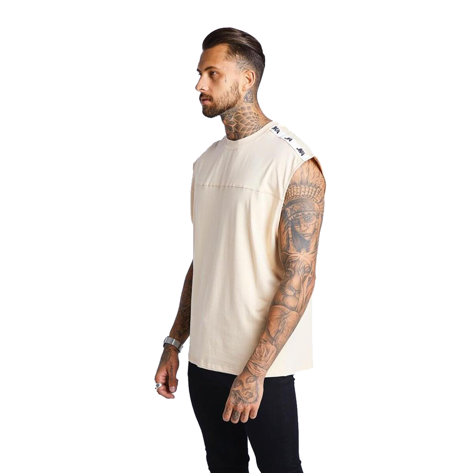 Zip Back Shoulder Tape Tank - Beige