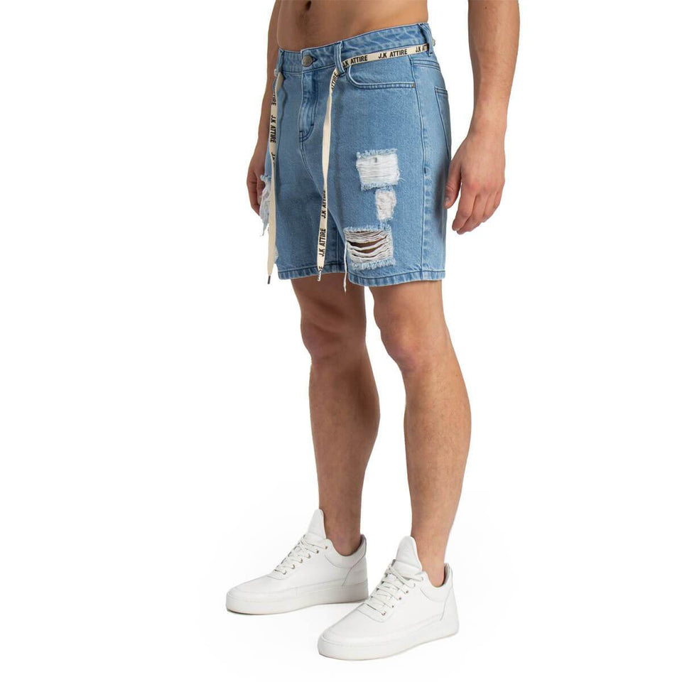 Surface Distressed Ripped Denim Shorts - Mid Blue