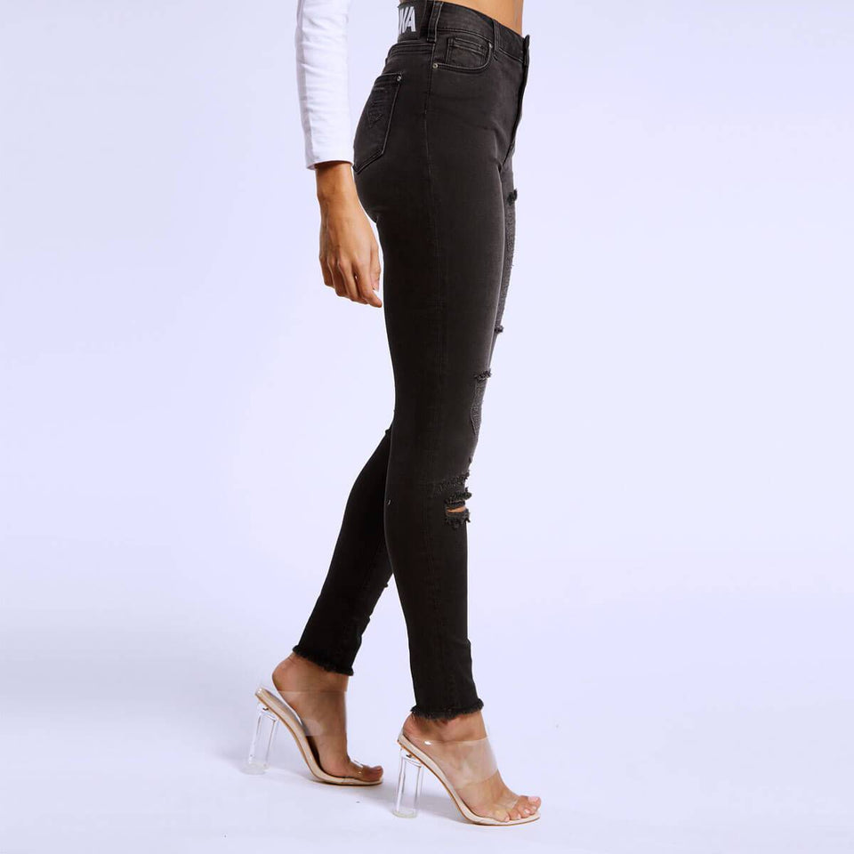 Lantern Distressed Skinny Jeans - Black