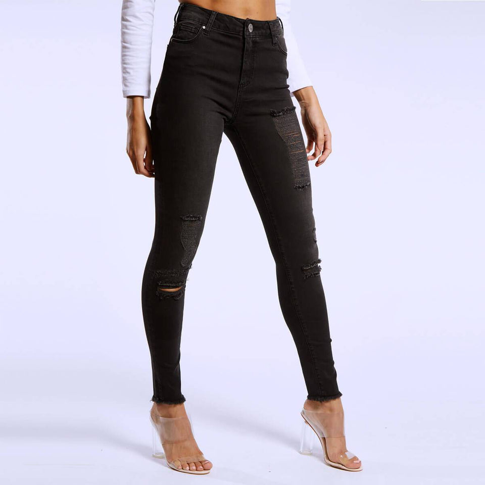 Lantern Distressed Skinny Jeans - Black