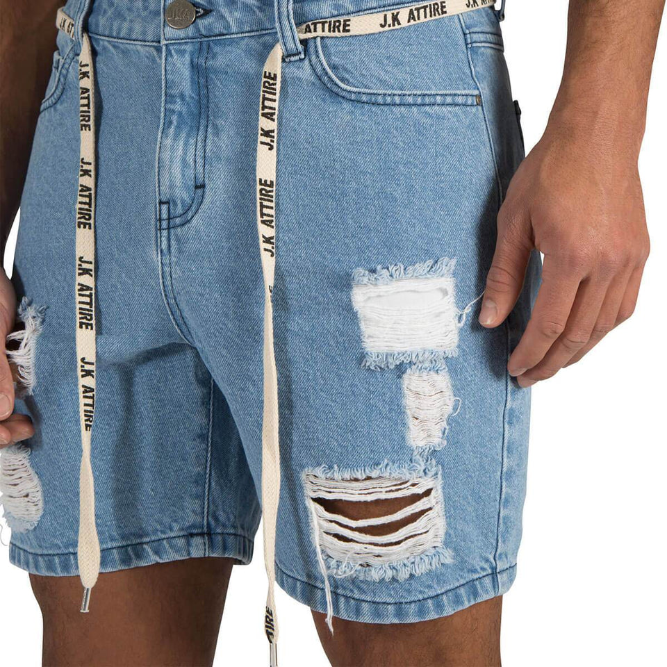 Surface Distressed Ripped Denim Shorts - Mid Blue