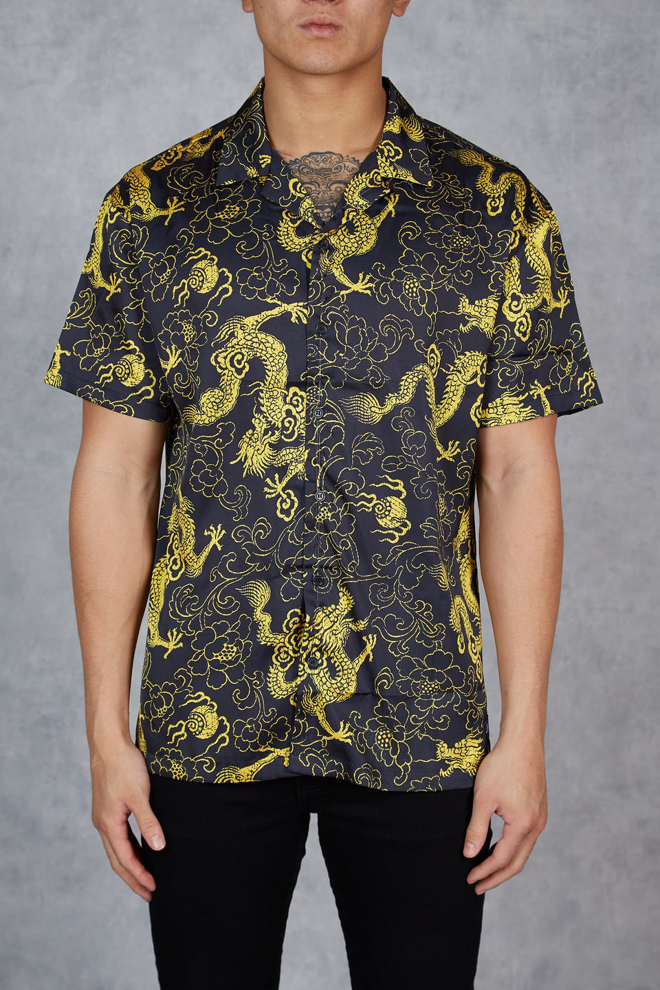 Machida Oriental Printed Short Sleeve Shirt - Black/Yellow
