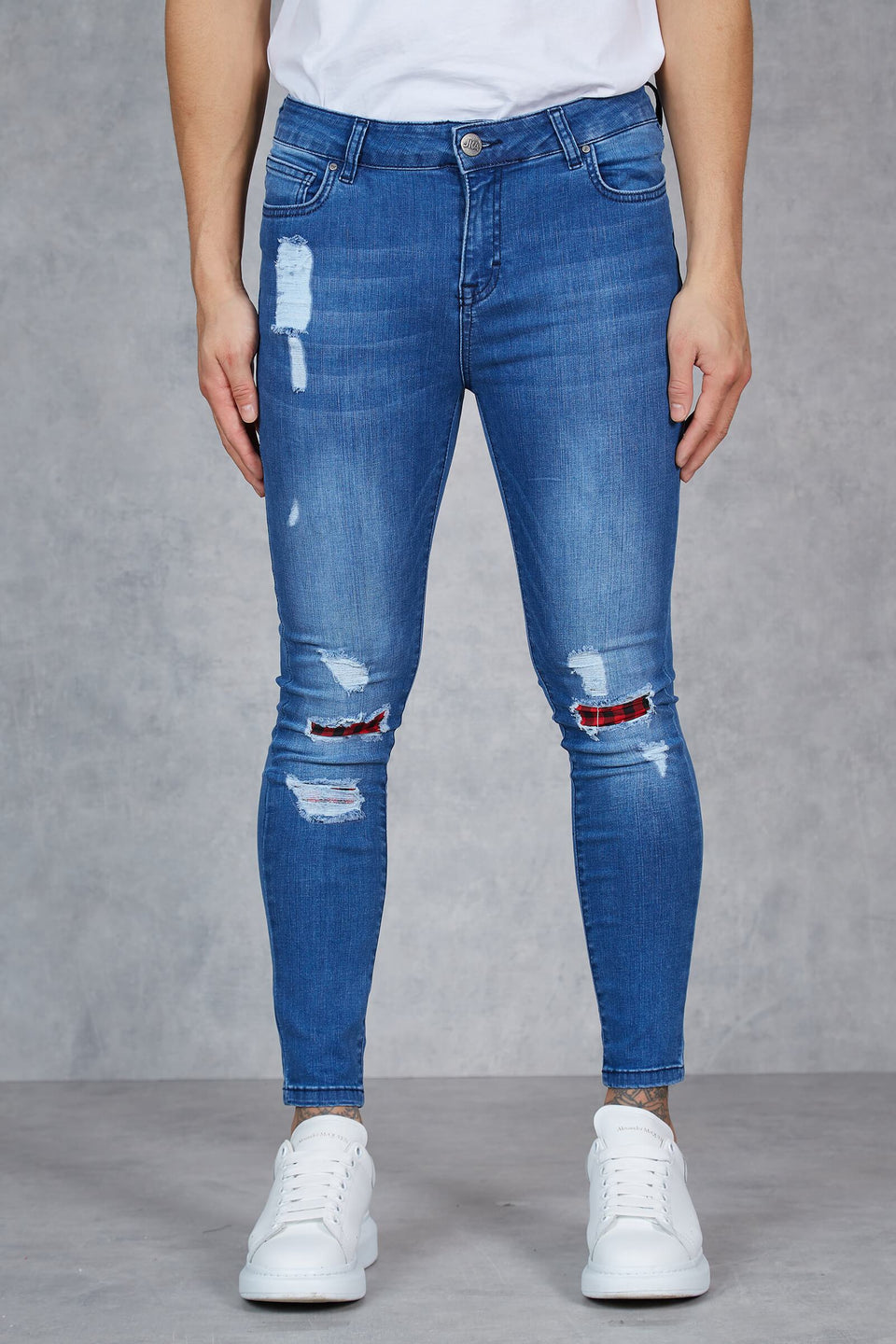 F1 - Grove Patchwork Distressed Super Spray On Skinny Jeans - Blue
